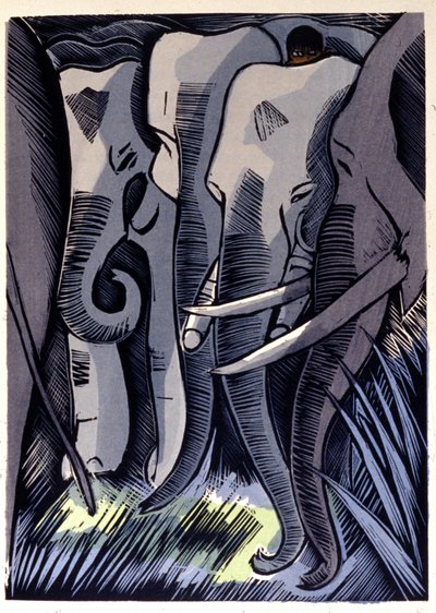 Mogli gjemmer seg på ryggen til elefantene. Rudyard Kipling "The Jungle Book" av Pierre Falke