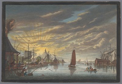 Utsikt over den gamle marinaen i Amsterdam, sett mot festningen Leeuwenburg eller Blauwhoofd Utsikt ved den gamle marinaen for å se 