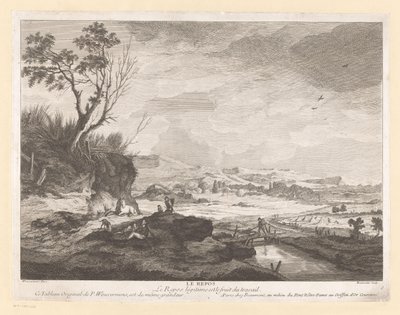 Landskap med hvilende figurer Le repos (tittel på objekt) av Pierre Francois Beaumont