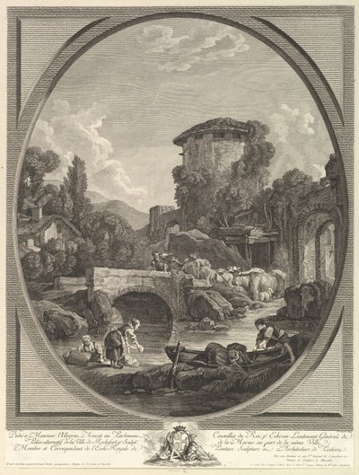 Landskap med bro og dueslag, 1700-tallet. av Pierre Francois Laurent