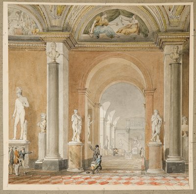 Det tidligere Apollo-rommet til Belvedere i Louvre (svart kritt og w/c på papir) av Pierre Francois Leonard Fontaine