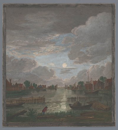 Utsikt over en kanal nær byen Haarlem ved måneskinn Vûe du canal proche de Haerlem (tittel på objekt) av Pierre François Basan