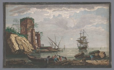 Utsikt over en kyst nær byen Toulon ved måneskinn Vüe des environs de Toulon (tittel på objekt) av Pierre François Basan