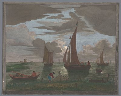 Utsikt over en kyst med skip og båter på vannet ved måneskinn 1er. Clair de lune (tittel på objekt) av Pierre François Basan