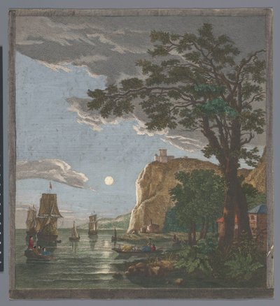 Utsikt over en kyst med skip og båter på vannet ved måneskinn La pleine lune (tittel på objekt) av Pierre François Basan