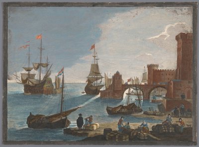 Utsikt over en havn med skip og båter på vannet 11. Vüe maritime (tittel på objekt) av Pierre François Basan