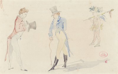 Lett skisseark med to dandier som møter hverandre og en ballettforelskelse av Pierre François Eugène Giraud