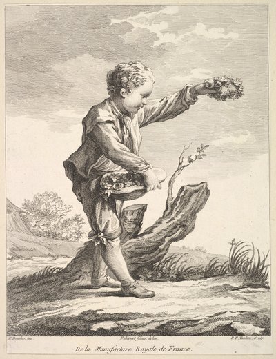 Liten gutt som holder en krans og kurv med blomster, fra Deuxième Livre de Figures d