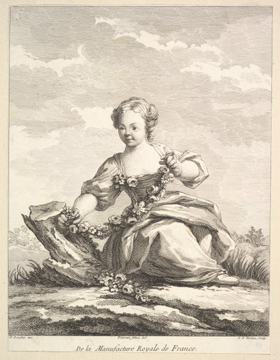 Liten jente som holder en krans av blomster, fra Second Book of Figures etter..., etter 1757. av Pierre François Tardieu