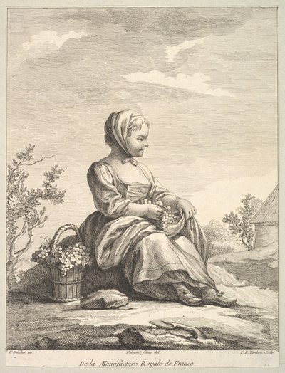 Liten jente som holder druer med en kurv med dem ved sin side, fra Deuxième Livre de..., etter 1757. av Pierre François Tardieu