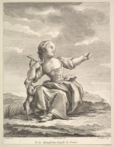 Liten jente som leker med en hund, fra Second Book of Figures etter porselenet..., etter 1757. av Pierre François Tardieu