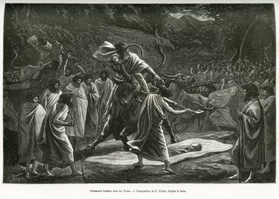 En begravelsesseremoni for Todas, et lite pastoralsamfunn på Nilgiri-platået (Sør-India), under begravelsen, blir storfe ofret. Gravering av P. Fritel, for å illustrere suvenirene fra en reise til Nilgherries, av Madame Janssen, i 1. av Pierre Fritel