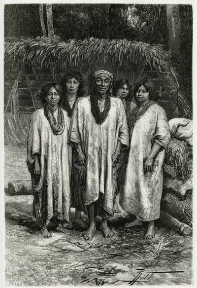 Chief Lacandon og Lacandon-typer, Maya-folk som bor i jungelen i Chiapas (Mexico). Gravering av P. Fritel, for å illustrere historien "" Reisen til Yucatan og Lacandons land", i 1882, av Desire Charnay (1828-1915) arkeolog og fotograf av Pierre Fritel
