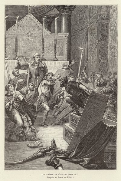 Les funerailles d'Hastings. Vikinger angriper en fransk kirke i begravelsen til deres leder, Hasting, etter at han lot seg død (gravering) av Pierre Fritel