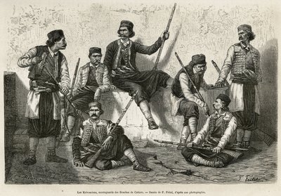 Krivoscians, fjellklatrere i Bouches de Cattaro (eller Kotor, bukten på den vestlige kysten av Montenegro), våpen for å motstå kraften til inngrep i de østerrikske troppene. Gravering etter P.Fritels tegning, for å illustrere reisen til Dalmatia, av C av Pierre Fritel