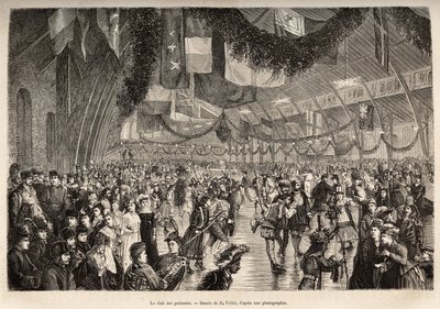 Skøyteklubben i Montreal, på et møte for en skøytekveld, gravert etter en tegning av P. Fritel, som illustrerer ekskursjonen til Canada og Riviere Rouge du nord, av H. De Lamotte, i 1873, publisert i «Le tour du monde”” 1875, redigert av Edo av Pierre Fritel