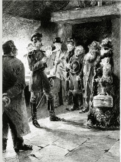 En tysk offiser ber Boulle de talg i bytte mot friheten til alle passasjerene som har blitt arrestert i diligence. I "" Ball of tallow"" av Guy de Maupassant (1850-1893). Illustrasjon av P. G. Jeanniot (1848-1934). Publisert på Ollendorff i av Pierre Georges Jeanniot