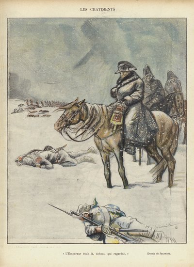Napoleon på tilbaketoget fra Moskva, illustrasjon for Le Rire av Pierre Georges Jeanniot