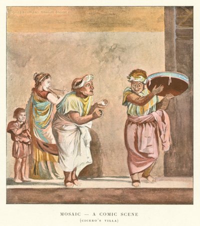 Mosaikk, en tegneseriescene, Ciceros villa (farge litho) av Pierre Gusman