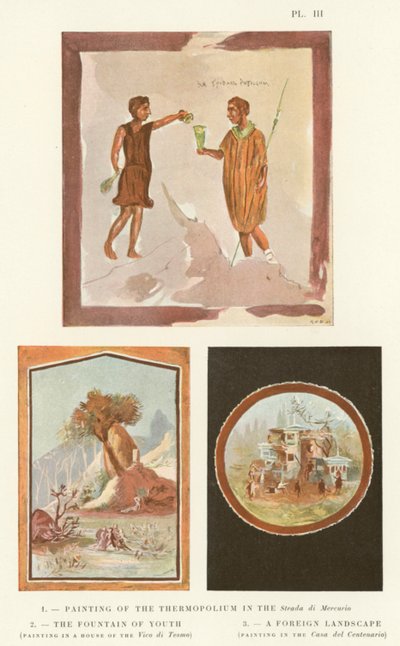 Maleri av termopolium i Strada di Mercurio, Ungdommens fontene, et fremmed landskap (farge litho) av Pierre Gusman