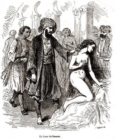 Egyptisk marked for kvinnelige slaver av Pierre Gustave Eugene (1817-82) Staal