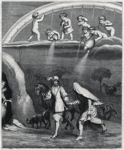 Enee og Didon overrasket over regnet i skogen. Illustrasjon av "" Virgil transvestitt"" av Paul Scarron (1610-1660), en parodi på "L