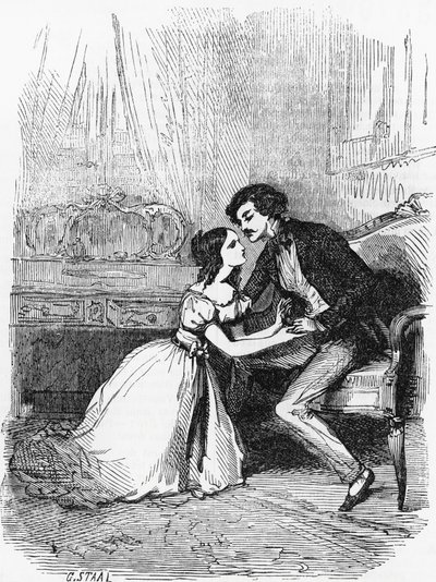 Illustrasjon for Black Sheep, roman av Honore de Balzac (1799-1850) fra samling med flere bind med tittelen Human Comedy, gravering av Pierre Gustave Eugene Staal (1817-1882) av Pierre Gustave Eugene (1817 82) Staal