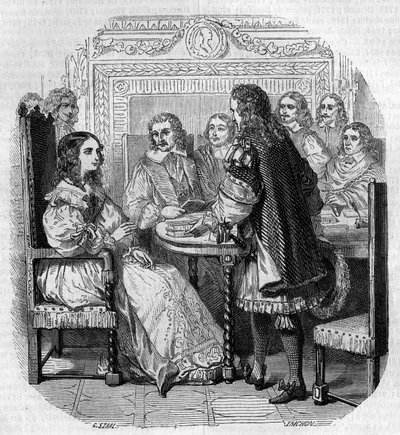 Besøk av dronning Christine av Suede (1626-1689) til Academy Francaise i Paris i nærvær av kardinal Richelieu Gravering av G. Staal av Pierre Gustave Eugene Staal