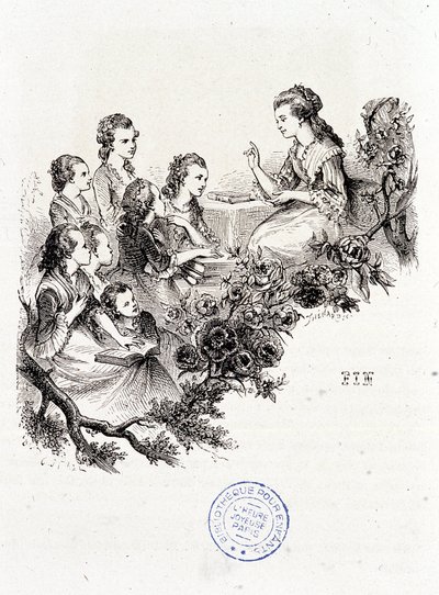 Ung husholderske forteller en historie til en gruppe barn - i "Le magasin des enfants"" av Mme Leprince de Beaumont, ill. Staal, Garnier av Pierre Gustave Eugene Staal