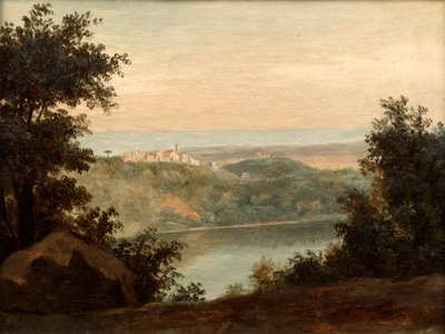 See Nemi, im Hintergrund die Stadt Genzano, spätes 18. frühes 19. Jahrhundert von Pierre Henri de Valenciennes