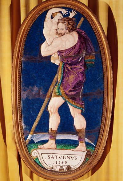 Plakett som viser Saturn, fra Chateau de Madrid, Neuilly, 1559 (malt emalje) av Pierre I Courteys