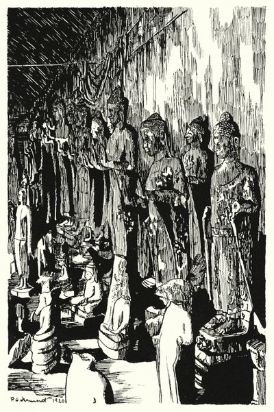 En samling av Buddhaer i en passasje (gravering) av Pierre Jeannerat de Beerski