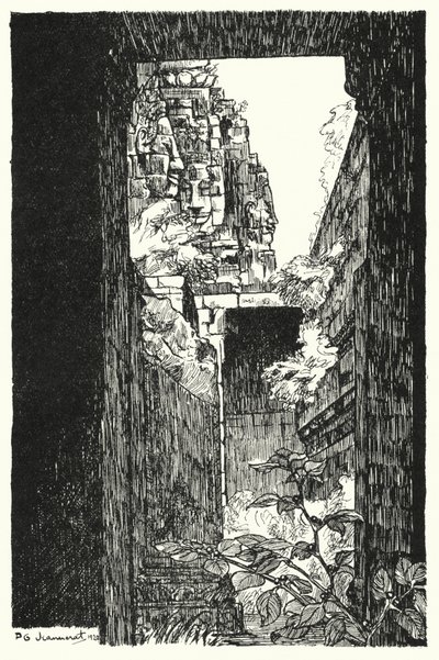 I Bayon, se gjennom et falt tak (gravering) av Pierre Jeannerat de Beerski