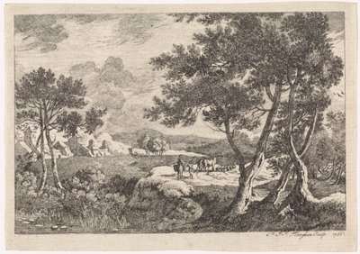Landskap med trær i forgrunnen av Pierre Joseph Jacques Tiberghien