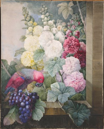 Stokroser, druer og en papegøye, 1836. av Pierre Joseph Redouté