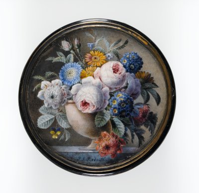 Skilpaddeskjellboks med en miniatyr av blomster i en steinvase på en marmorplate, 1827 (wc og kroppsfarge på kort, satt under glass i et feste av forgylt metall) av Pierre Joseph Redouté