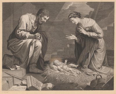 Maria og Josef i tilbedelse av Kristusbarnet av Pierre Landry