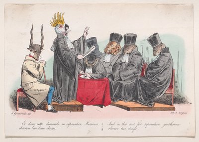 Og i denne separasjonsdrakten, mine herrer, observer to ting fra Metamorphoses of the D..., 1829. av Pierre Langlumé