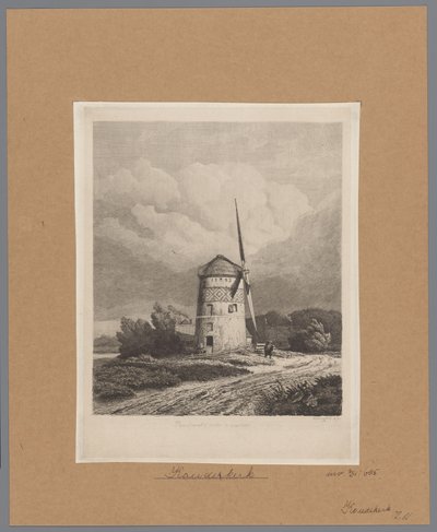 Utsikt over Steenenmolen eller Rembrandts vindmølle i Koudekerk aan den Rijn Rembrandts vindmølle i Koukerk (tittel på objekt) av Pierre Louis Dubourcq