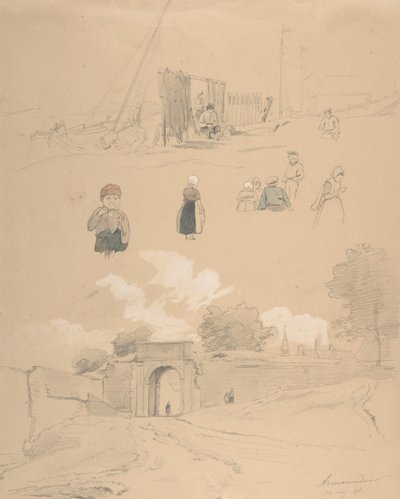Studieark med figurer og landskap ved Arnemuiden nær Middelburg..., midten av 1800-tallet. av Pierre Louis Dubourcq
