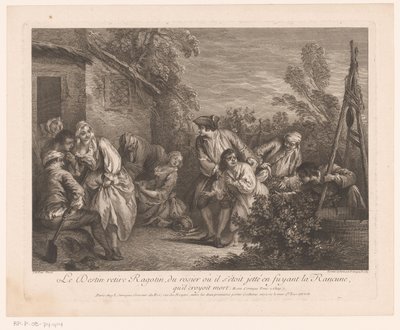 Ragotin bevlucht i en rosynstruik Skjebnen trekker Ragotin fra rosebusken som han hadde kastet seg inn i mens han flyktet fra La Rancune, som han trodde var død. Scener fra Roman Comique van Scarron (serietittel) av Pierre Louis Surugue