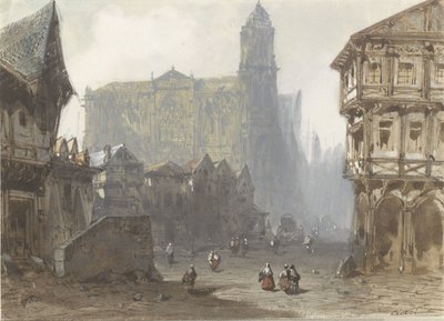 Den gamle markedsplassen i Rouen av Pierre Luc Charles Ciceri