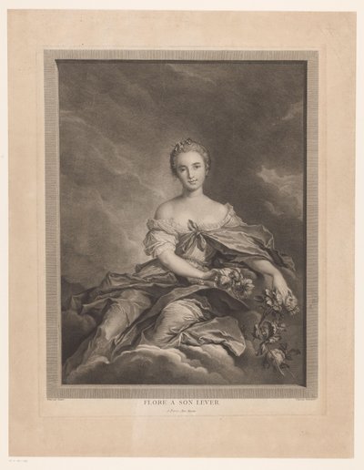 Flora på skyer med blomster i hånden Flore a son spak (tittel på objekt) av Pierre Maloeuvre