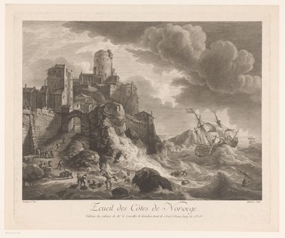 Kyst av Norge med sjømenn skylt i land Ecueil des Côtes de Norwege (tittel på objekt) av Pierre Maloeuvre