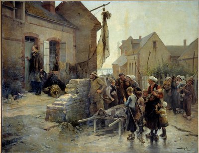 Return from the Tempete En sjømann banker på døren til en kvinne av en synder som døde i et tempete for å fortelle henne nyhetene. Maleri av Pierre Marie Beyle (1838-1902) Fecamp fra 1800-tallet, Museum of the Newfoundland av Pierre Marie Beyle