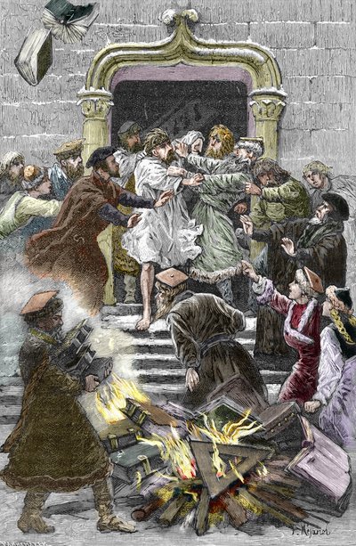 Socinianisme og den lille polske kirken: innbyggerne i Krakow brenner verkene til Faustus Socinus (Faust Socin eller Fausto Sozzini) (1539-1604) på det offentlige torget og forpliktet ham til å delta på autodafe i 1598 (Socinianism og polske brødre: brenni av Pierre Mejanel