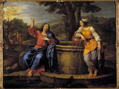 Jesus og samaritan Jesus som sitter og hviler møter en samaritan som kom for å hente vann og ber henne drikke. Maleri av Pierre Mignard (1612-1695) Raleigh fra 1600-tallet, kunstmuseum av Pierre Mignard
