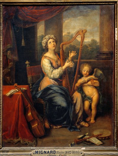 Saint Cecile synger Herrens lovsang Helgenen spiller på harpe og er omgitt av instrumenter. Maleri av Pierre Mignard (1612-1695) 1691 søn. 0,74x0,56 m Paris, Musée du Louvre av Pierre Mignard
