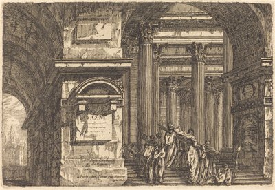 Begravelsesscene i imaginær arkitektur av Pierre Moreau