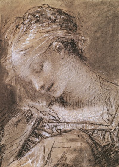 Jomfruens hode (kull og hvitt kritt på papir) av Pierre Paul Prudhon